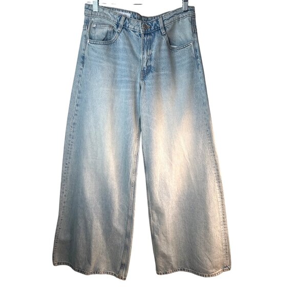 Zara Denim - ZARA Womens Size 6 Light Wash Wide Leg Jeans Distressed Hem Denim Casual